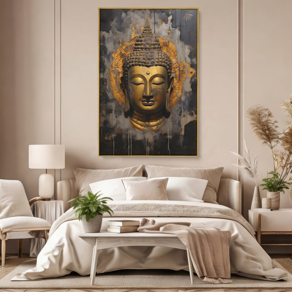 Tablou canvas cu tablou canvas cu capul lui buddha, in rama de aluminiu auriu, pe perete intr-un dormitor